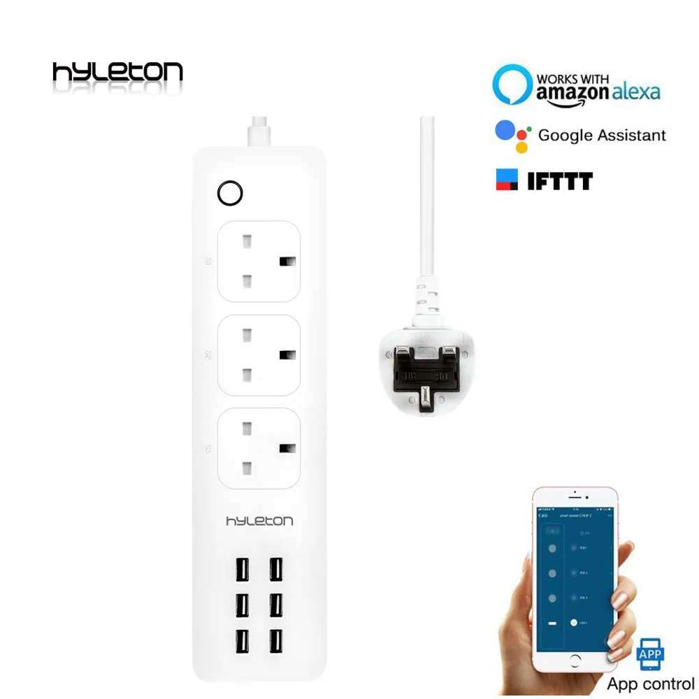 Дешево Hyleton smart power strip wifi штекер UK штекер 3 AC Розетка 6 USB пульт дистанционного управления умный дом управление переключатель Smart life приложение google Home ...