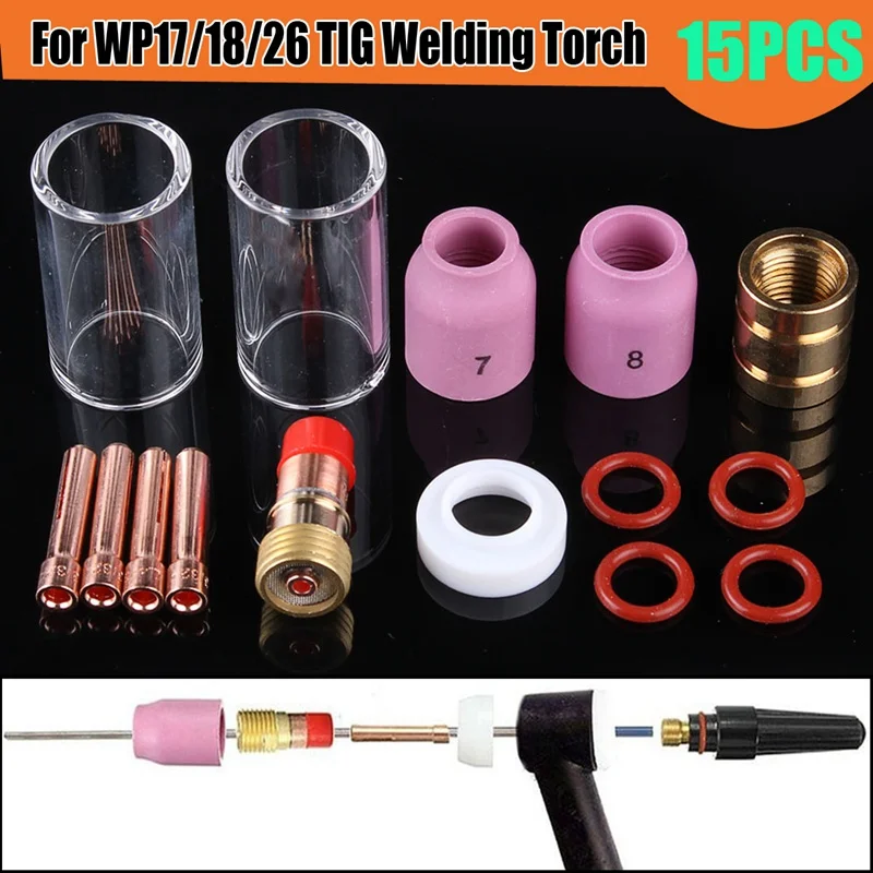 Forgelo 15Pcs/Set New Regular 1.6mm/2.4m TIG Welding Torch Stubby Gas Lens Glass Nozzle Cup Kit For WP17/18/26