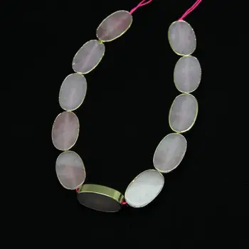 

20x30mm Pink Quartz Oval Nugget Loose Beads Craft Necklace,Plated Gold Edged Center Drilled Natural Crystals Stones Slice Beads
