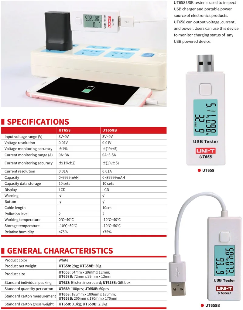 UNI-T UT658/UT658B USB тестер; Мобильный телефон/ноутбук/Мобильная мощность/напряжение тока монитор