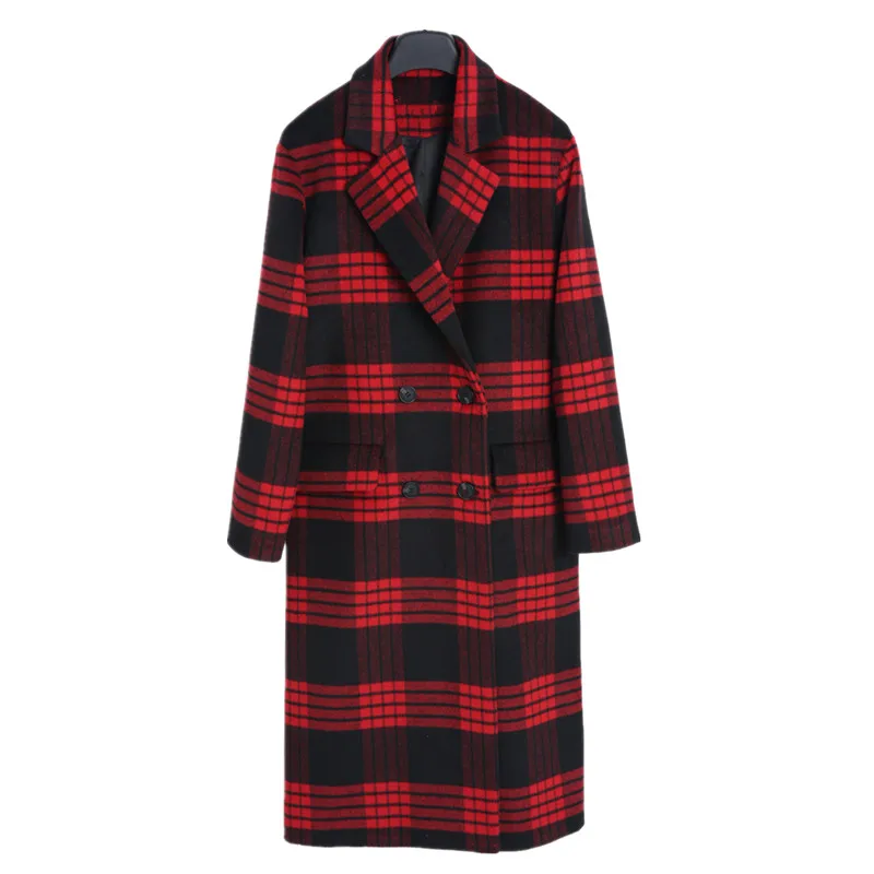 wool coat women's long maxi coat winter red plaid Wool Blends coat