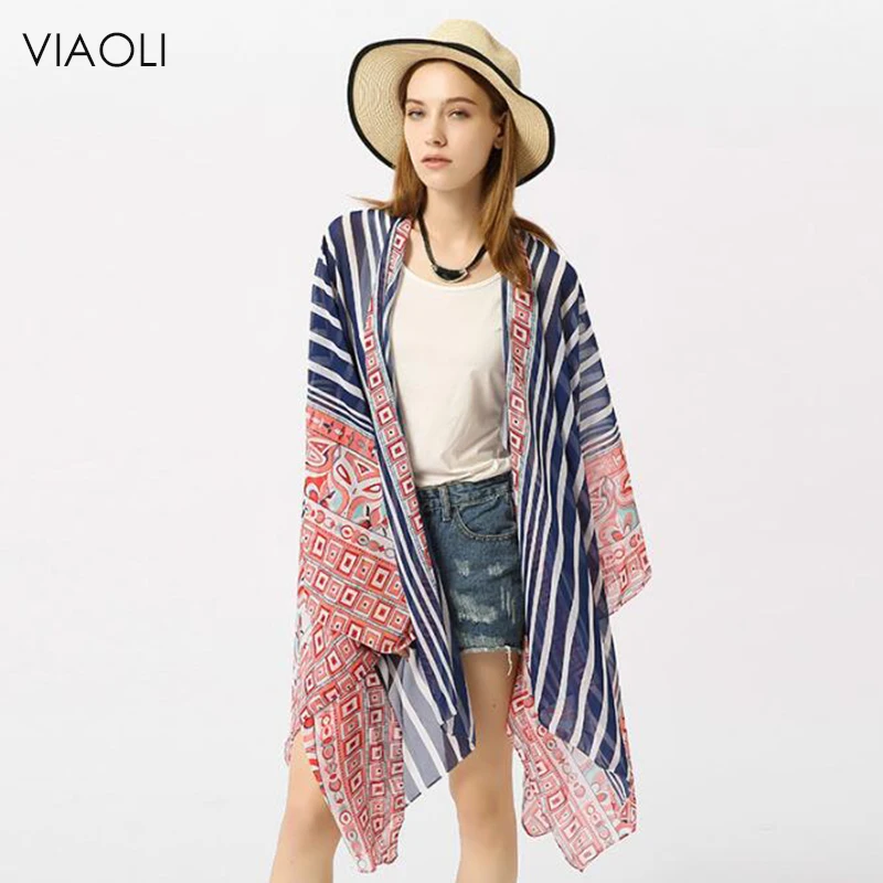 

VIAOLI New Bikini Cover up Swimwear Women Beach Cover Up Bathing Dress Striped Chiffon Swimsuit Cover Up Kaftan Beach Tunic