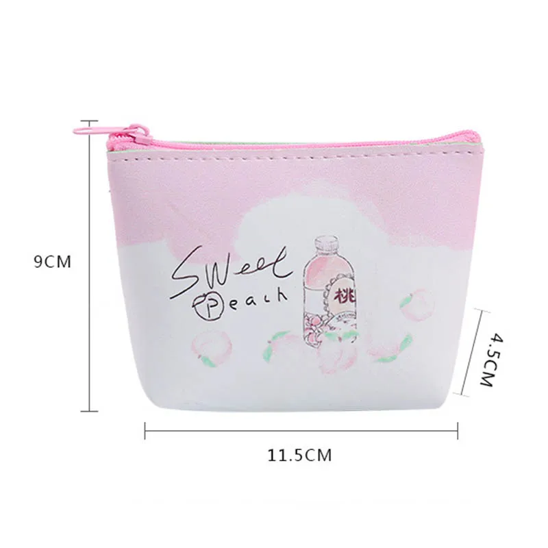 Cute Pink Sweet Peach Students Coin Purse Children PU Leather Zipper Change Purse Women Mini Wallet Fruit Key Card Bag Kids Gift