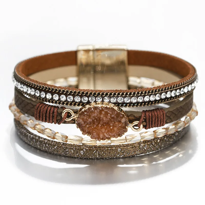 Amorcome Камень Шарм женский кожаный браслет ювелирные изделия Дамская мода Кристалл Многослойная богемная накидка широкие браслеты и браслеты - Окраска металла: Brown