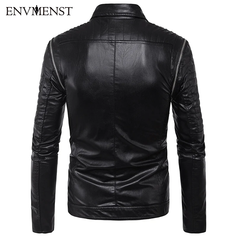 Env для мужчин st стиль для мужчин мульти молния Slim Fit отложной воротник повседневное черное пальто мужской PU мотоциклетная кожаная куртка