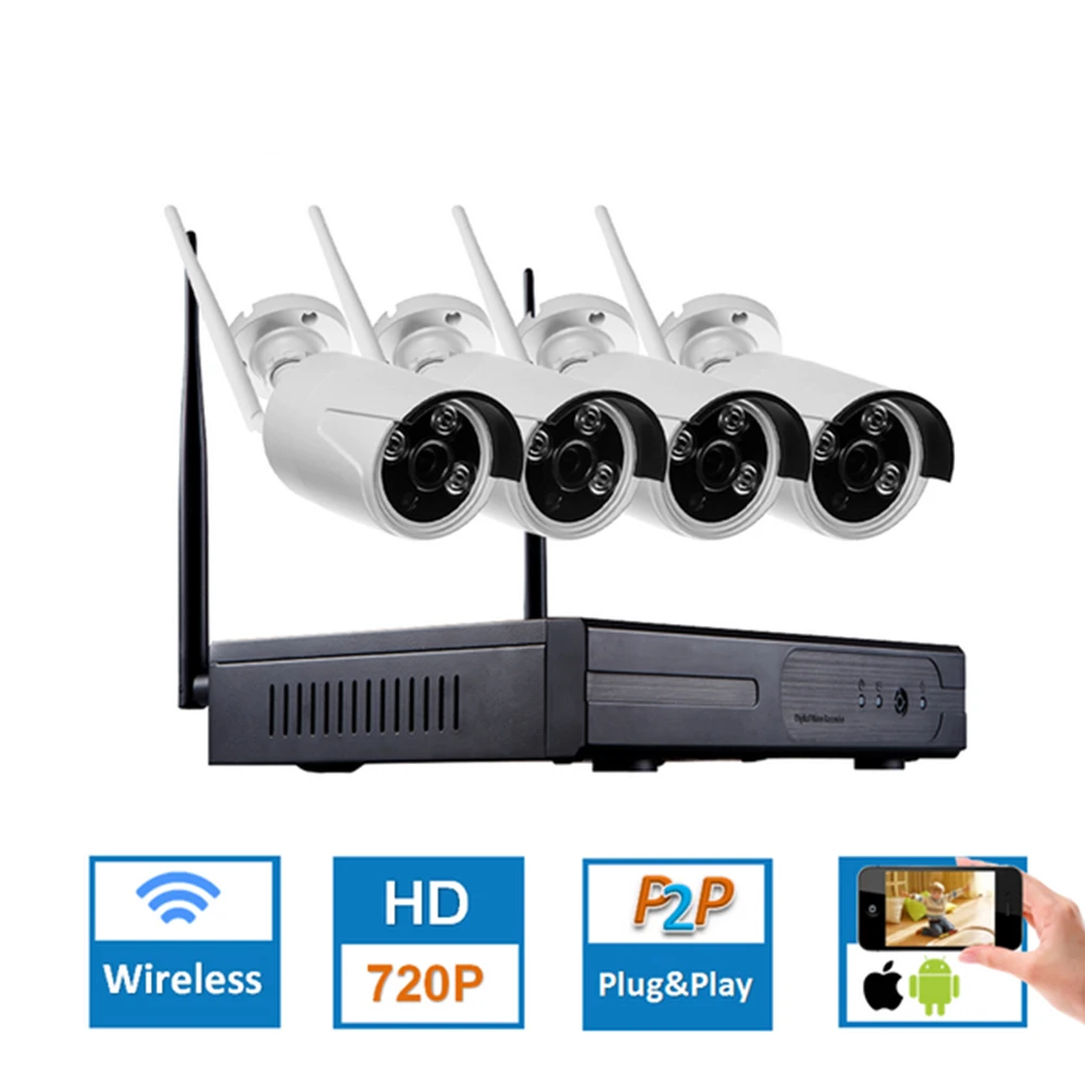 4CH Беспроводной NVR комплект P2P 720P HD Открытый ИК ночного видения безопасности IP камера wifi CCTV системы