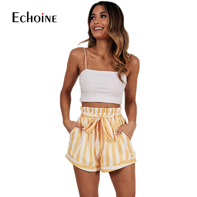 

Summer Casual Striped mini sexy Shorts Women 2019 New Elastic High Waist Streetwear Shorts Female Cotton Lace Up Bow Pocket