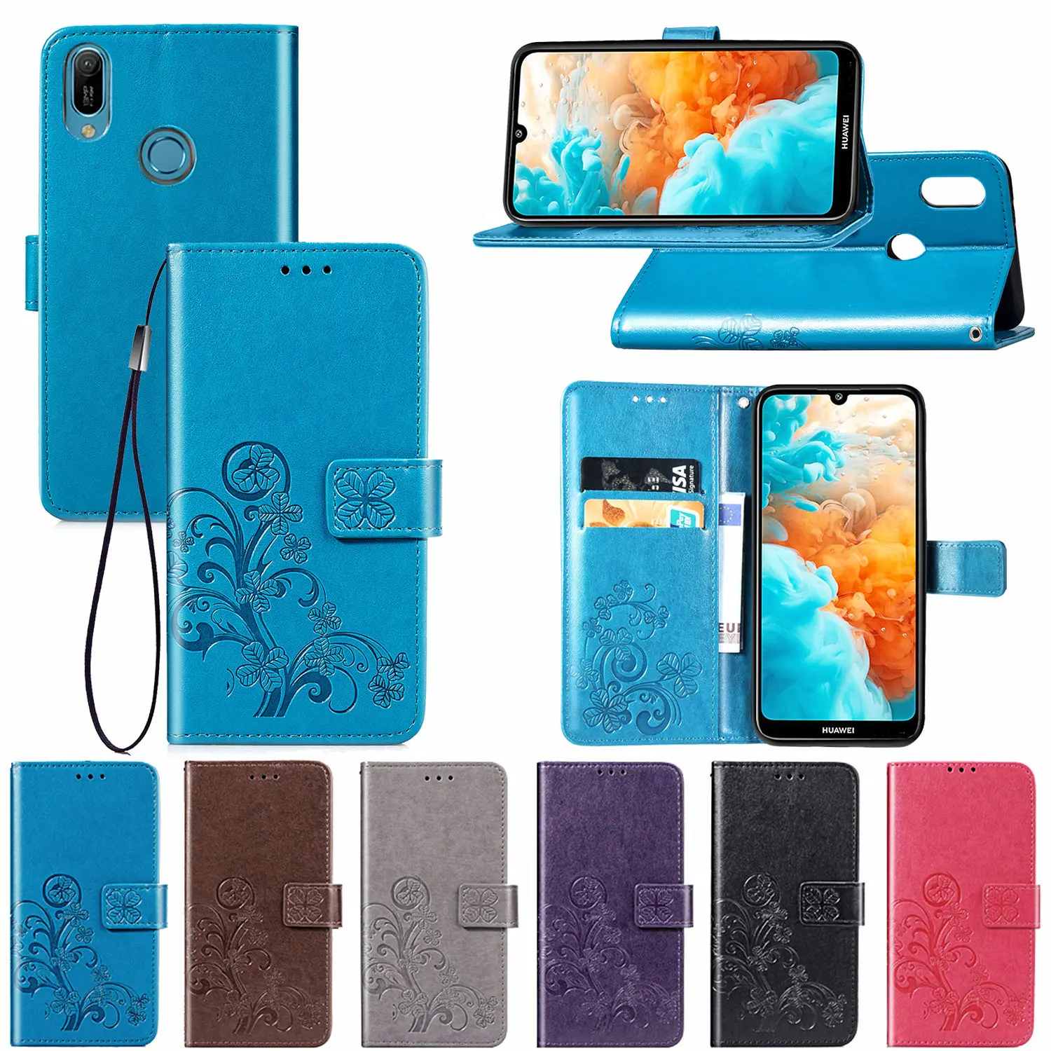 

RNLCW Luxury PU Leather Smartphone Cover Wallet Funda Lucky Clover Pattem Flip Phone Case For Huawei Y6 2019&Y6 Prime 2019 Coque