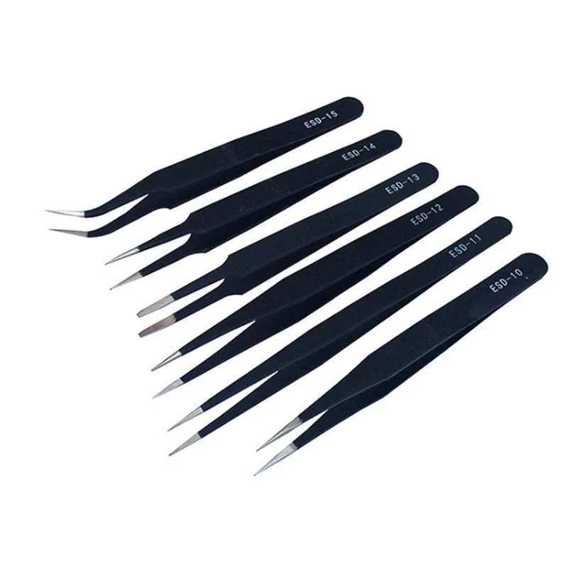 

6 sizes Stainless Steel Tweezers ESD 10-15 High-elastic Anti-static Soldering Tweezers Hand Tools for Soldering Station