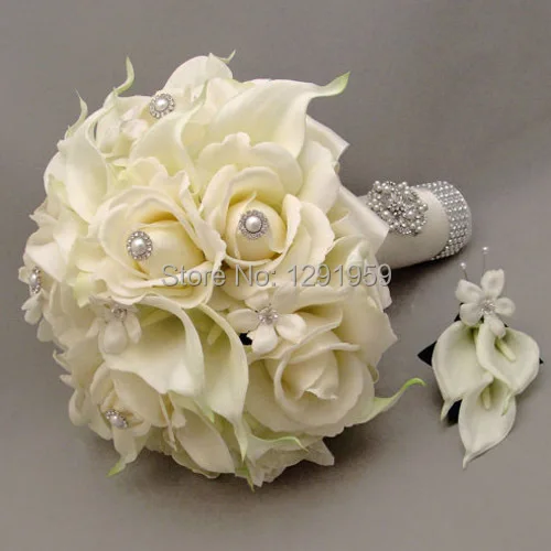 Pearl Rhinestone White Silk Rose Calla Lily Wedding Bridal Flower Pearl Rhinestone White Silk Rose Calla Lily Wedding Bridal Flower Bouquet Brooch On Hole Set