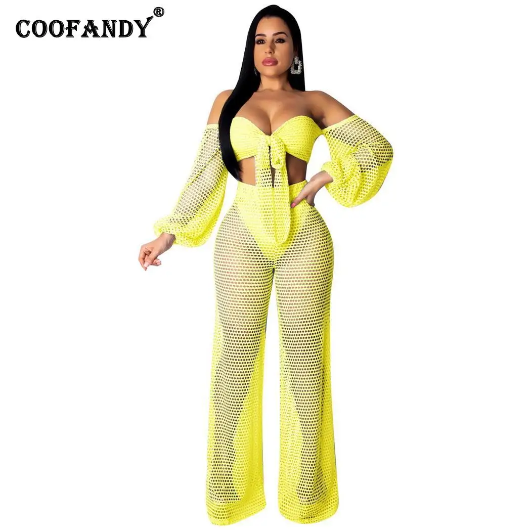 

Women See Through Sheer Mesh Crop Tops Wide-legging Summer Casual, Beach, Pool Pants 2pcs Beach Slim Outfits