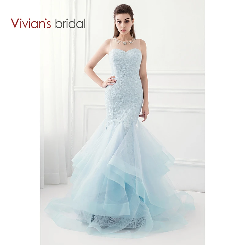 Vivian's Bridal Tiffany Blue Mermaid Prom Dress Sleeveless Lace Crystal Organza Evening Party WD360-17 | Свадьбы и торжества