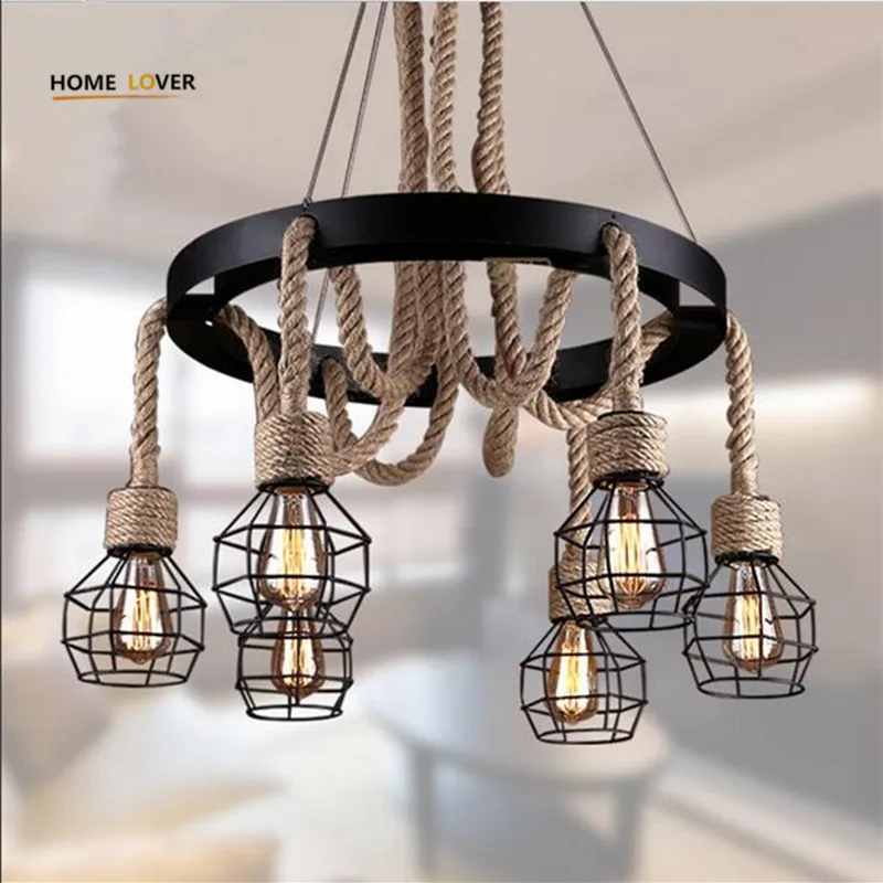 

Vintage pendant lights rope Edison E27 Bulb lamp Rustic fixtures lighting industrial iron pipe Antique light Spider loft Lamps