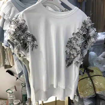 

Korean New Arrival New Cotton Casual Broadcloth Ruffles Tumblr 2019 Summer T-shirt Women Round Neck Ruffle Cuff Pleated Female