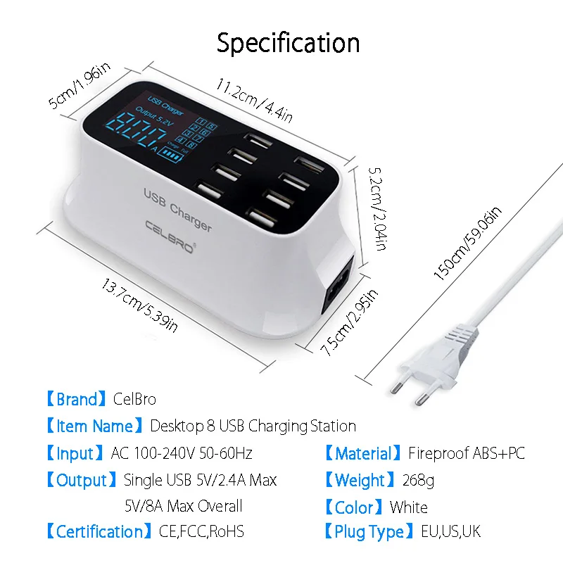 8 портов настенный usb-хаб зарядное устройство адаптер 8A несколько USB зарядное устройство для мобильного телефона светодиодный настольный usb зарядная станция база EU US UK Plug