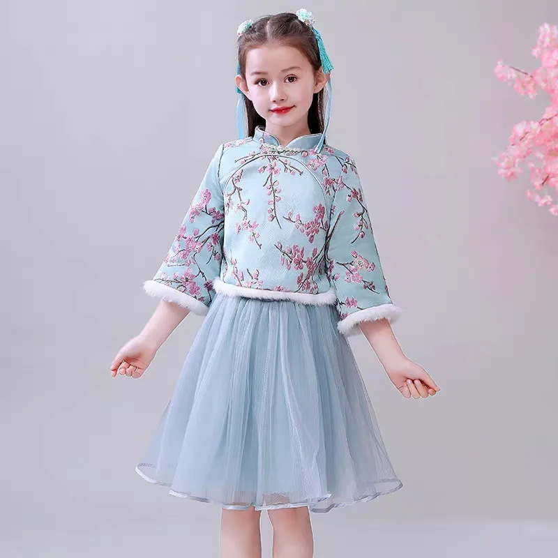 

2019 Children Baby Luxury Chinese Style Embroidery Flowers New Year Qipao Mesh Dress Kids Girls Elegant Piano Host Guzheng Dress