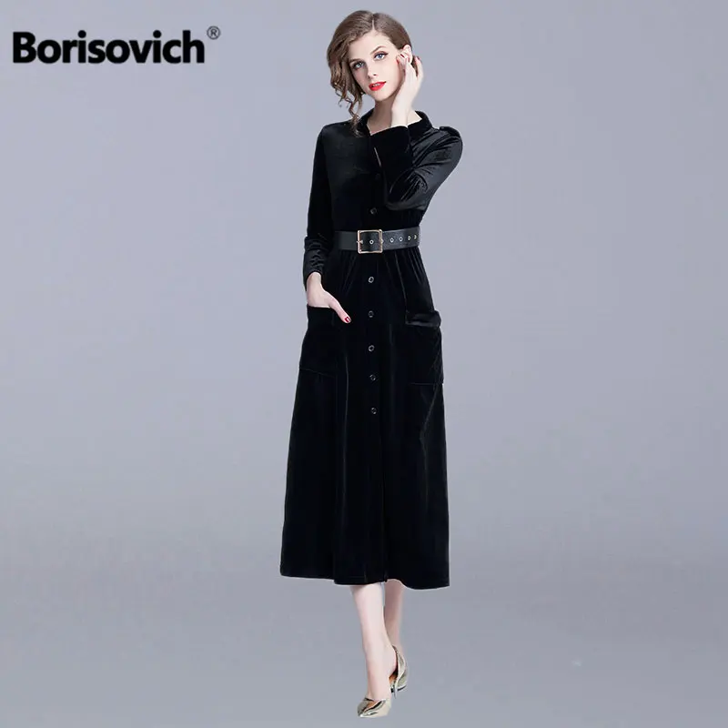 

Borisovich Women Elegant Long Dress New Brand 2019 Spring Fashion England Style V-neck Velvet Female A-line Casual Dresses N468