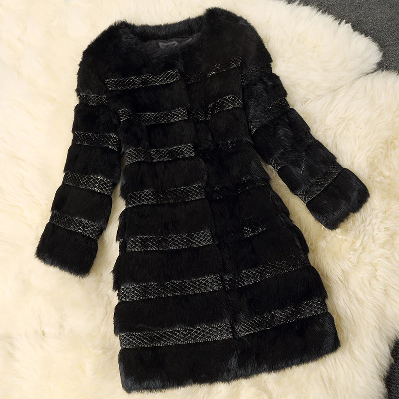 

Wave shape embroidery full skin real rabbit fur coat outerwear women's long slim coats ladies fur jacket for autumn winter 2017