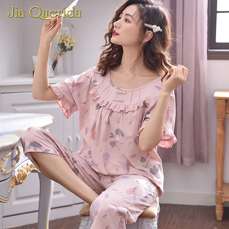Loungewear для женщин хлопок модал плюс размер Pjs сладкий розовый Листья печати лук О