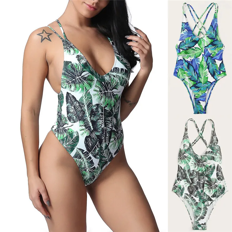 One Piece Swimsuit Women Printing Bandage Deep V Sexy Bikini Set Brazilian Swimwear Beachwear #2m13 (1)