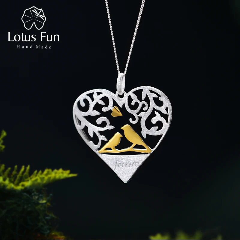 

Lotus Fun Romantic Bird in Love Heart Shape Real 925 Sterling Silver Handmade Fine Jewelry Pendant without Chain for Women