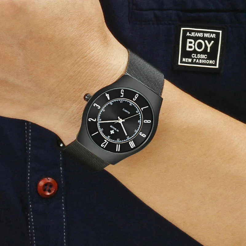 WWOOR Топ бренд класса люкс мужские Ультра тонкие водонепроницаемые спортивные часы мужские кварцевые наручные часы мужские тонкие черные часы relogio masculino