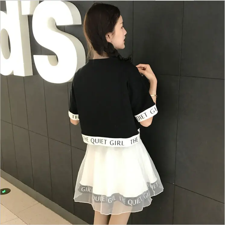 Japanese Soft Sister BF Style Summer Cartoon Naughty Two Piece Suit Black Short Sleeve Print Tops And High Waist Of  Mini Skirt