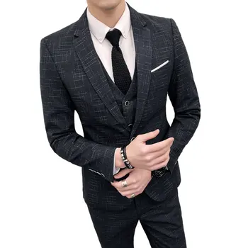 

(jacket + vest + trousers) men spring/fall 2019 slim button wedding suit suit solid color dress and blazer