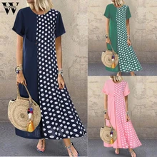 Womail, летние платья для женщин размера плюс, женское хлопковое и льняное платье в горошек с О-образным вырезом и карманами, Повседневное платье, свободное платье, Ju13