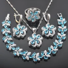 Идеальный Небесно-Голубой кубический цирконий 925 пробы серебряный комплект ювелирных изделий вечерние ювелирные изделия кулон/ожерелье/кольцо/серьги/браслет QS0531
