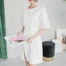 Fashion lady cotton t shirt dress female split zipper short sleeve dresses sashes slim waist casual