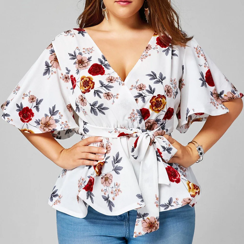 

Plus Size Fashion Women Floral Print Blouse Female Bandage Belted Casual Blouse Ladies V-Neck Sexy Fashion Tops 2019