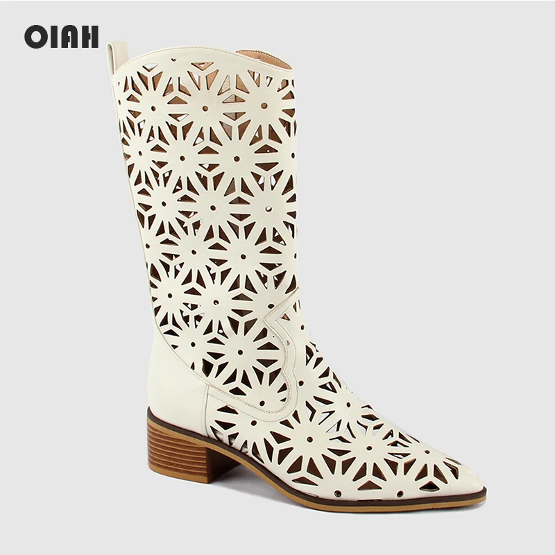 

OIAH Women Mid-Calf Boots New Style Hollow Out Flowers White Shoes Ladies Fashion Casual Zipper PU Shoes Woman botas mujer 2019