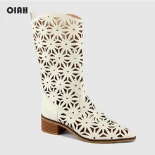 OIAH Women Mid-Calf Boots New Style Hollow Out Flowers White Shoes Ladies Fashion Casual Zipper PU Shoes Woman botas mujer 2019 цена OIAH Women Mid-Calf Boots New Style Hollow Out Flowers White Shoes Ladies Fashion Casual Zipper PU Shoes Woman botas mujer 2019 цены онлайн