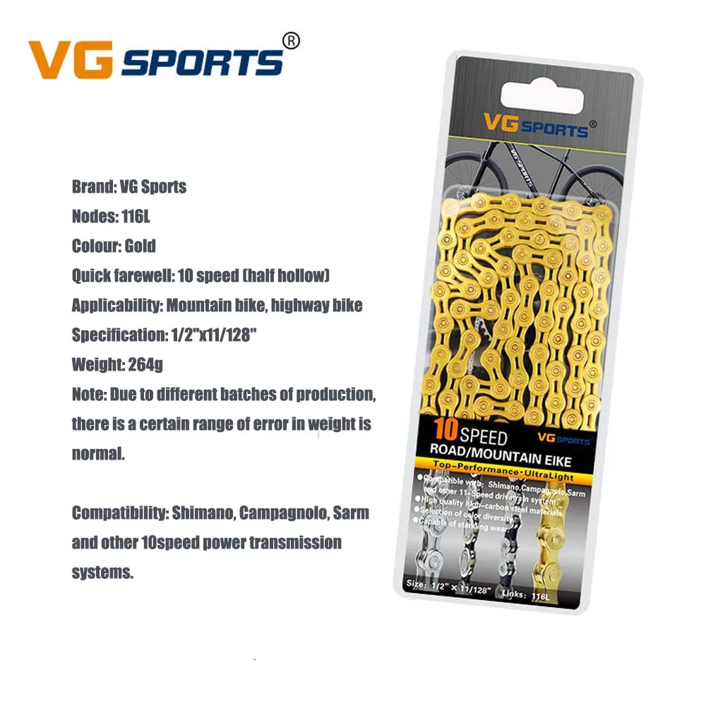 MTB Bicycle Chain 8 9 10 11 Speed Road Bike Full Hollow Chain Mountain Bike Half Hollow Chain Golden Silver Colour VG Sports - Цвет: 10S Half-Hollow Gold