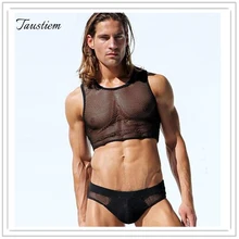 Taustiem бренд Для мужчин майка Sexy рукавов футболки Рубашки для мальчиков жилет Человек Сетка Эластичность майка фуфайки Для мужчин Фитнес Повседневный жилет