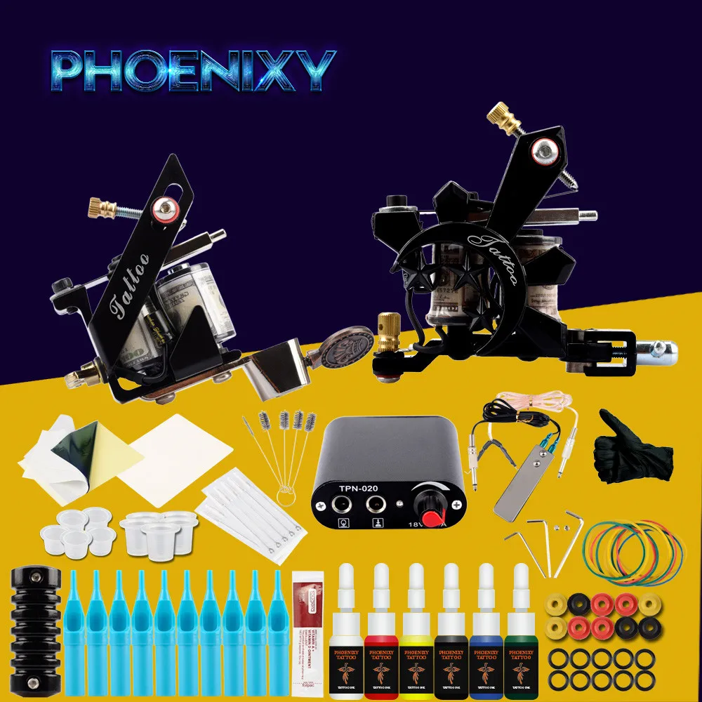 

Complete Tattoo Kit 2 Tattoo Machine Guns Set 6Colors Black Ink Set Needles Permanent Makeup Body Art Tattoo Accessories Kit Set