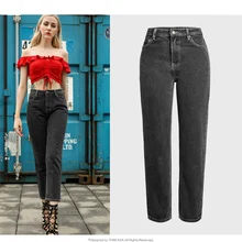 Женские черные потертые джинсовые штаны с высокой талией, Джинсы бойфренда, женские джинсы размера плюс