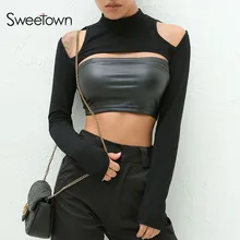Sweetown, сексуальный укороченный топ с открытыми плечами, футболка, черная, осенняя, летняя, с длинным рукавом, футболка, Femme, сексуальная, открытая, Корейская футболка