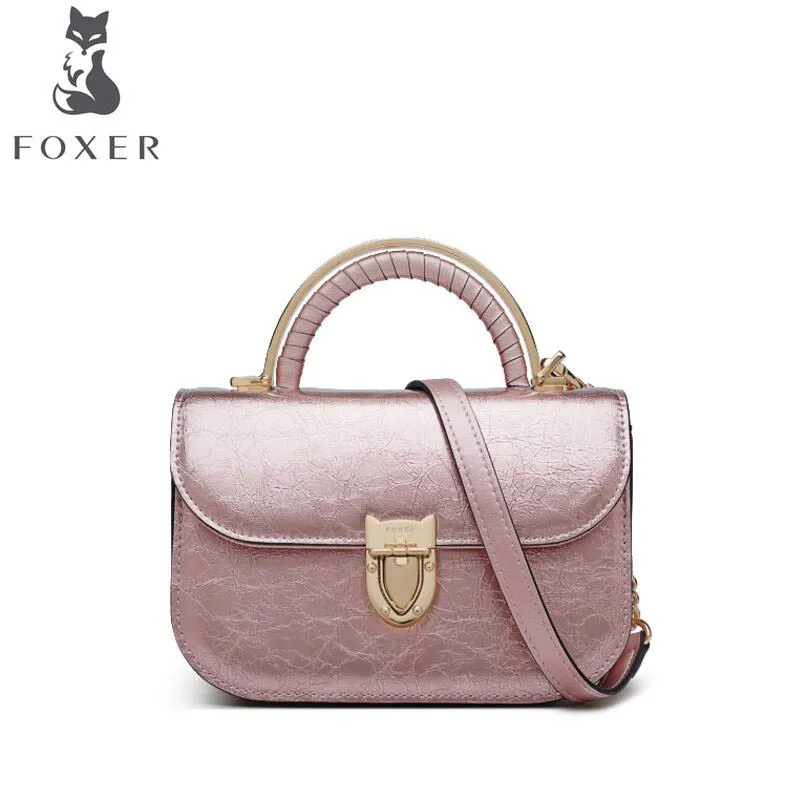 Pink FOXER сумка для женщин Новая женская воловья модная кожаная сумка женские сумки роскошные дизайнерские розовые женские кожаные сумки - Цвет: Pink
