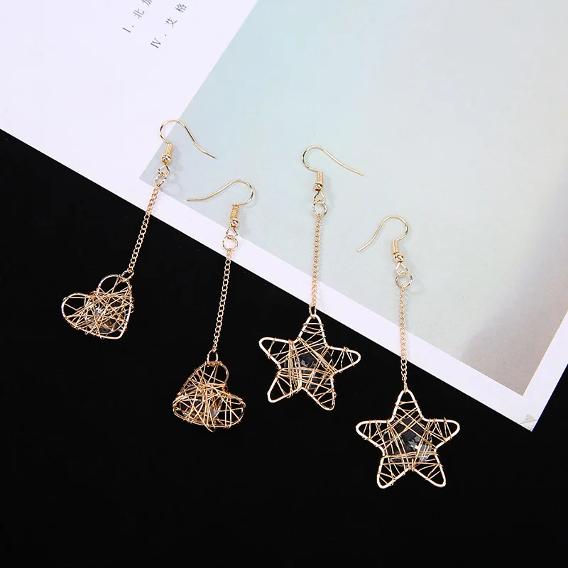 

Center Clear Crystal Thin Metallic Band Wrapped Winding Hollow Star & Heart Golden Chain Dangle Earrings Women Drop Earrings
