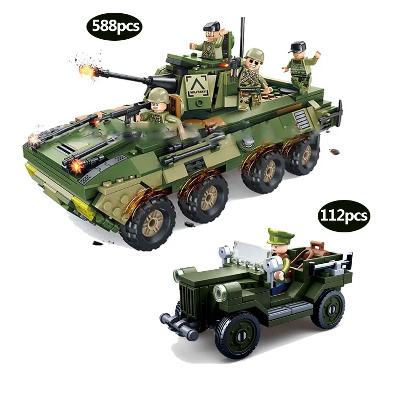

700pcs Military series German Bison Armored Carrier Russian GAZ-67 Jeep Army soldier Figures Building Blocks Toy for kid gifts