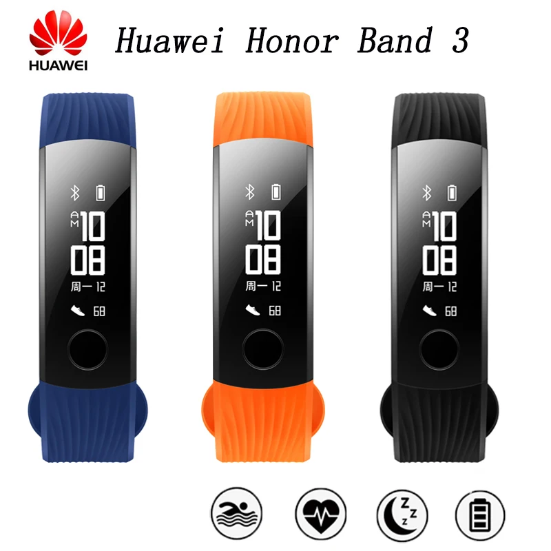 100% Original Huawei Honor Band 3 Smart Wristband Swimmable 5ATM OLED Screen Touchpad Heart Rate Monitor Push Message