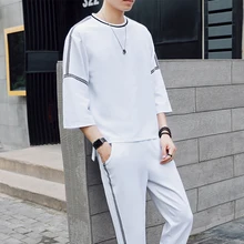 YWSRLM весенние повседневные Черные белые мужские комплекты одежды с круглым вырезом три четверти рукав модные костюмы свободные мужские топы брюки M-3XL