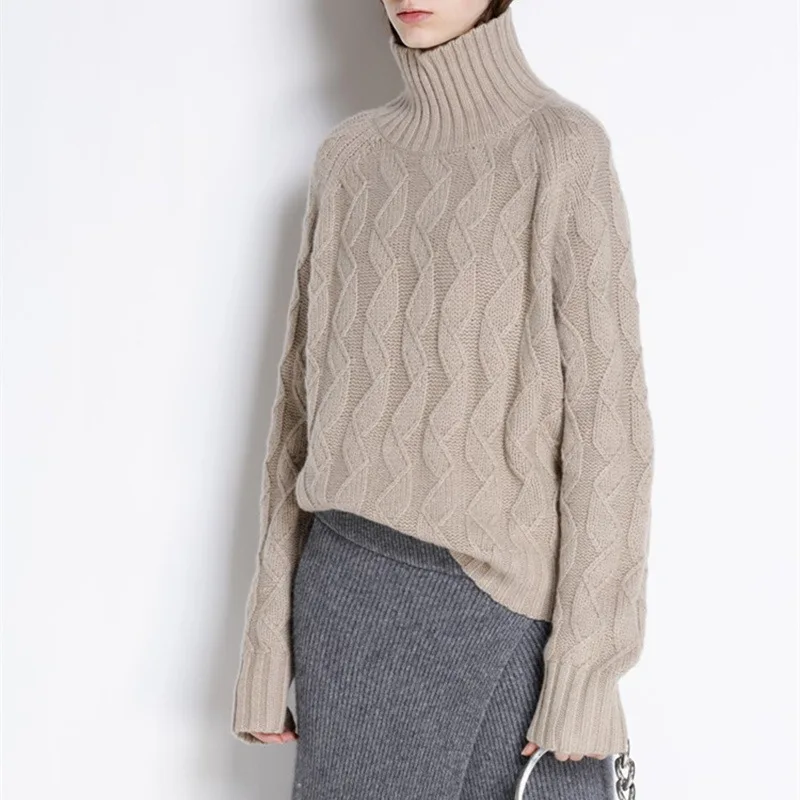 Толстый свитер с высоким воротом и пуловер, джемпер большого размера, шерстяной вязаный свитер для женщин, зима, теплый свитер, вязаный трикотаж