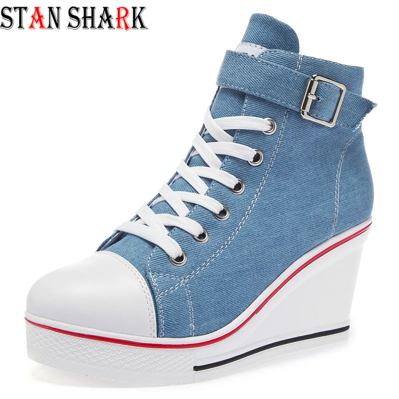 

2019 New Women Wedge High Top Canvas Shoes Women's Denim Ankle Lace Up Ladies Ankle Canvas Shoes Woman Wedges Sneakers 8cm Heels
