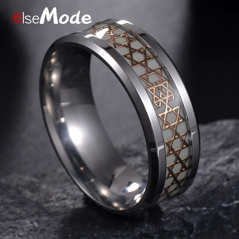 Светящееся в темноте кольцо ELSEMODE Star of David из титановой стали 316 л для мужчин и