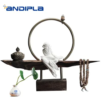

Chinese Style Backflow Incense Burner Alloy Fragrant Stove Weathered Wood Base Ceramic Character Metal Circle Home Decoration