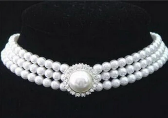 

Miss charm Jew.497 Excellent 3 Rows Real White Pearl Beads 18KWGP Crystal Pendant Necklace
