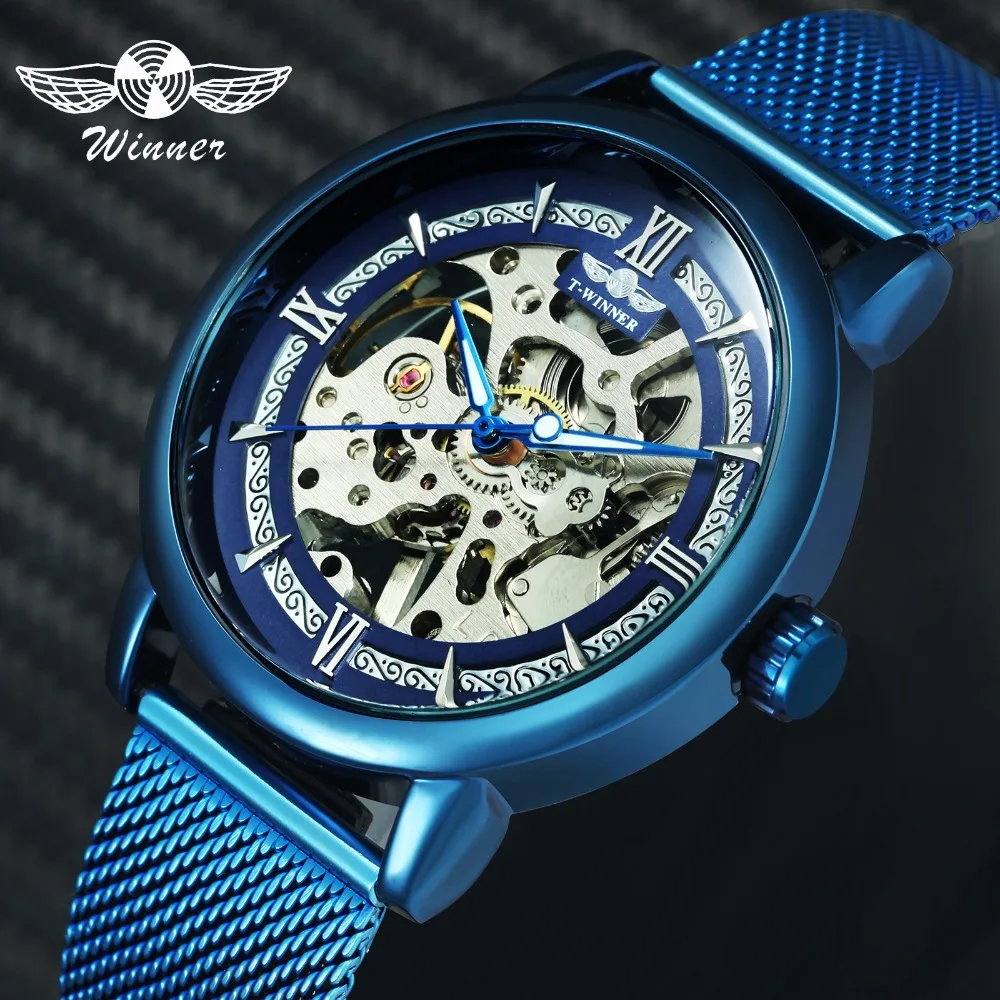 

WINNER Brand Simple Men Mechanical Watch Blue Mesh Strap Ultra Thin Skeleton Dial Male Clock